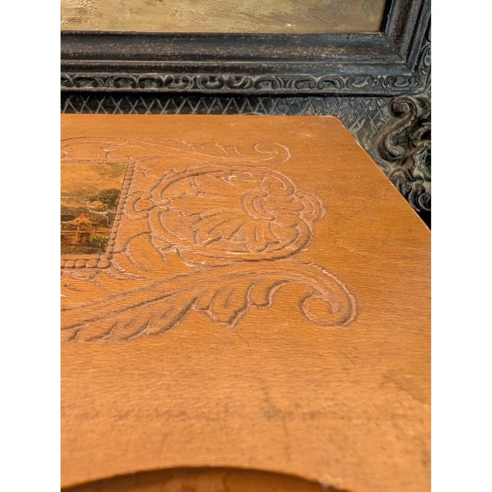 Vintage Wood Jewelry Box Hand Carved Cottage Landscape 11x7x4 AS IS